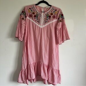 Zara Red and White Striped Dress with Beautiful Embroidered Flower Details